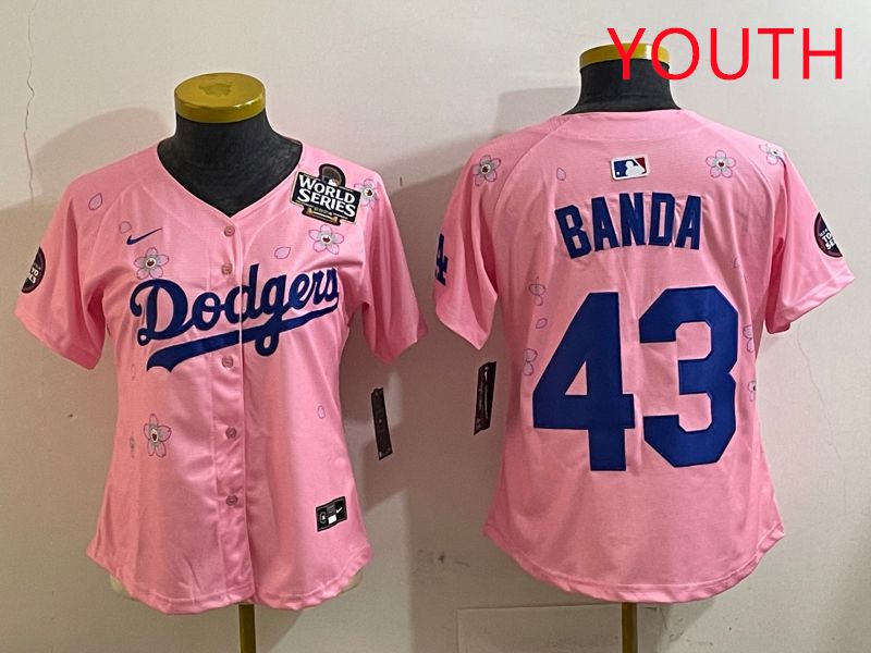 Youth Los Angeles Dodgers #43 Banda Pink White Blue Sakura Edition 2025 Nike MLB Jersey style 7